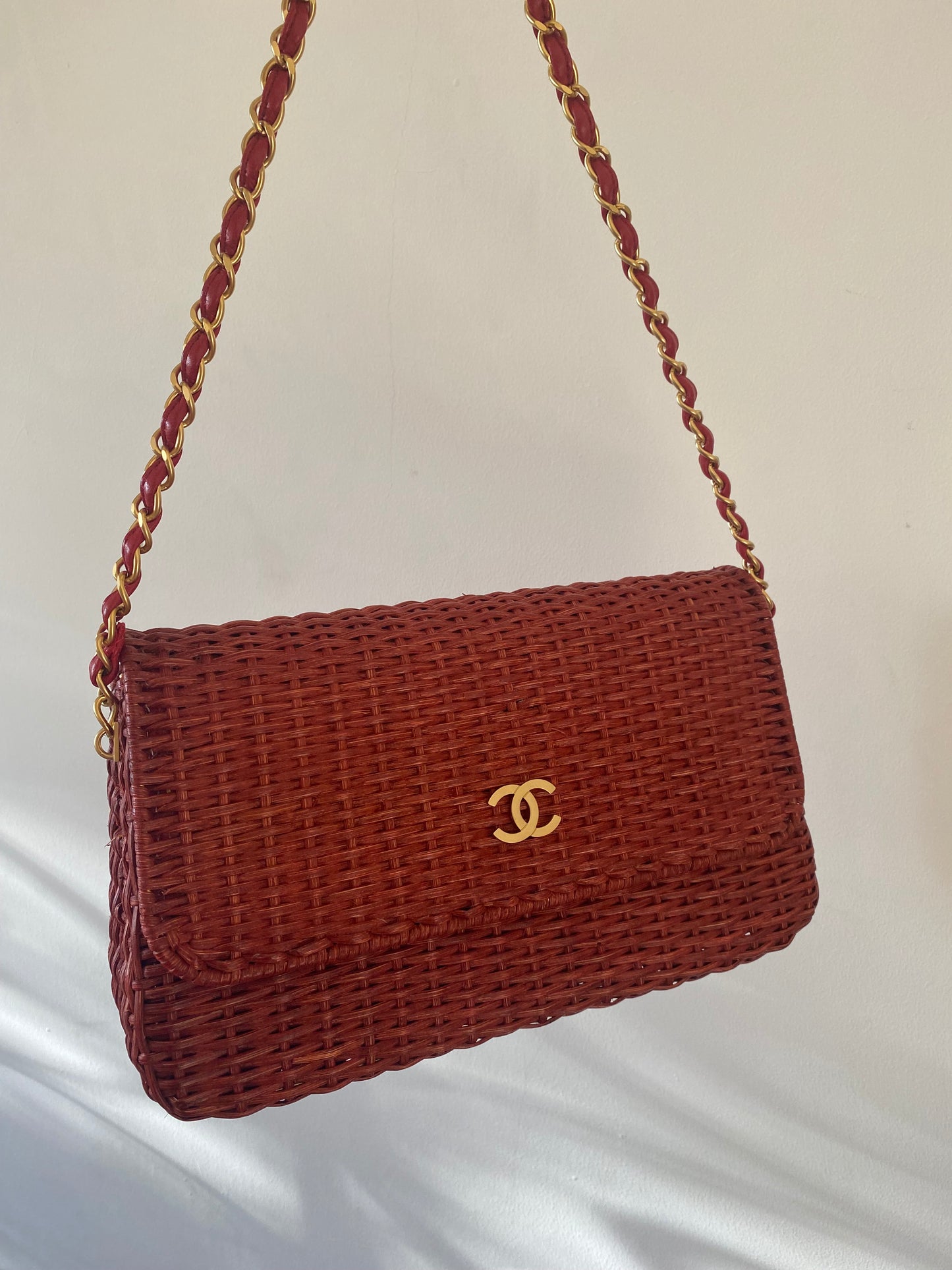 Chanel Extremely Rare 2001 Spring Red Wicker Basket Classic Flap Handbag with Matte Gold Hardware