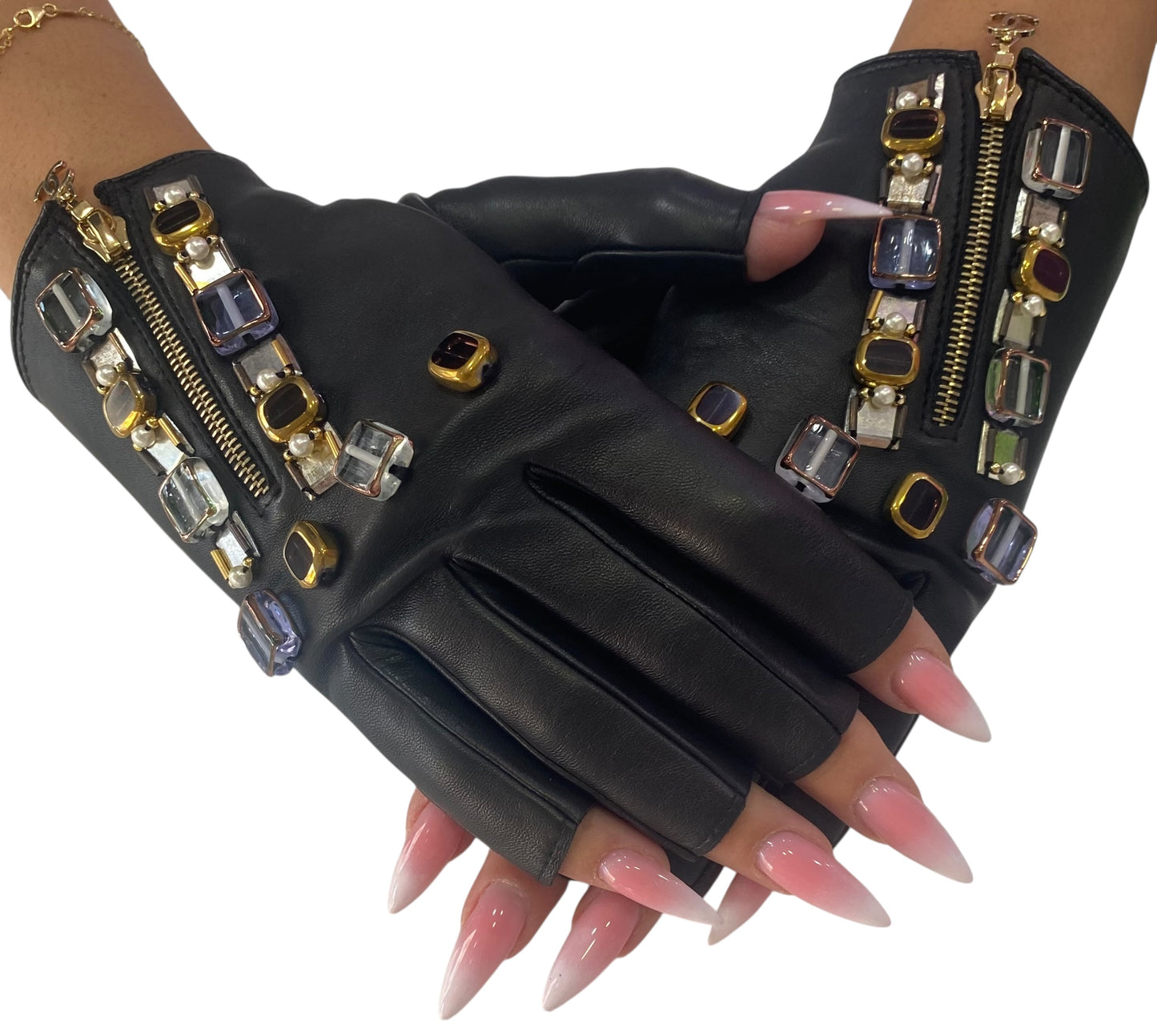 RARE New Chanel 11A Paris Byzance Black Leather Stones Gloves Size 7