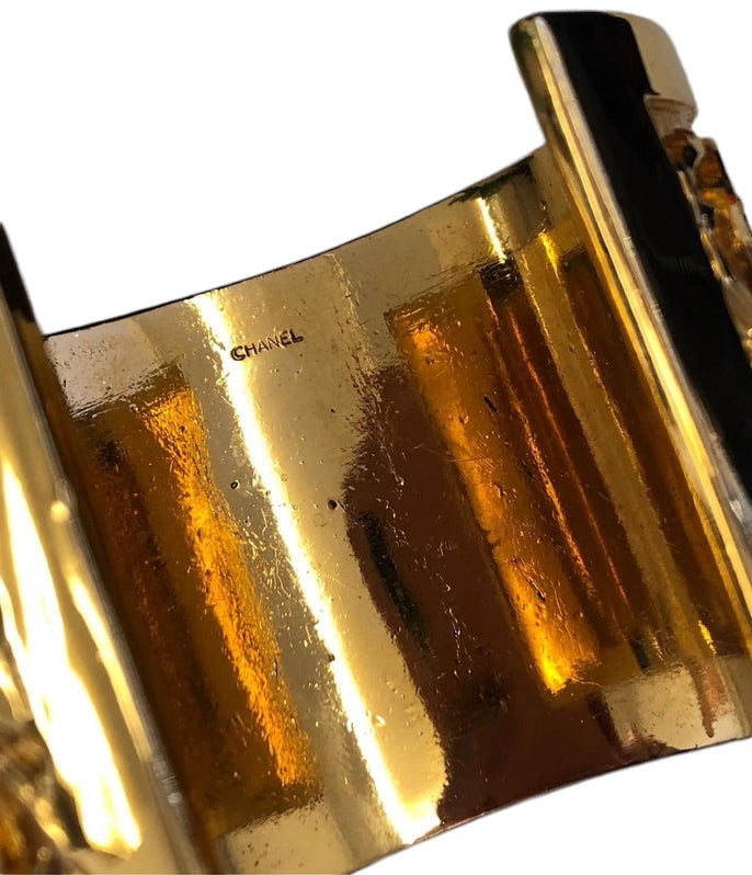 Vintage 1970’s Chanel 24K Gold Plated Metal Coin CC Logos Cuff Bangle Bracelet