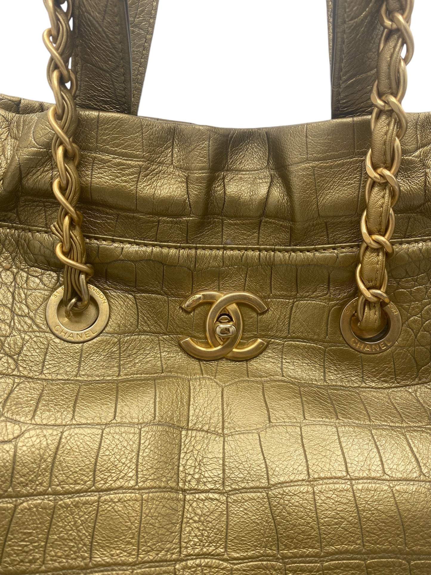 Chanel 19A Paris-New York Egyptian Limited Edition Croc Embossed Gold Leather Shopping Tote