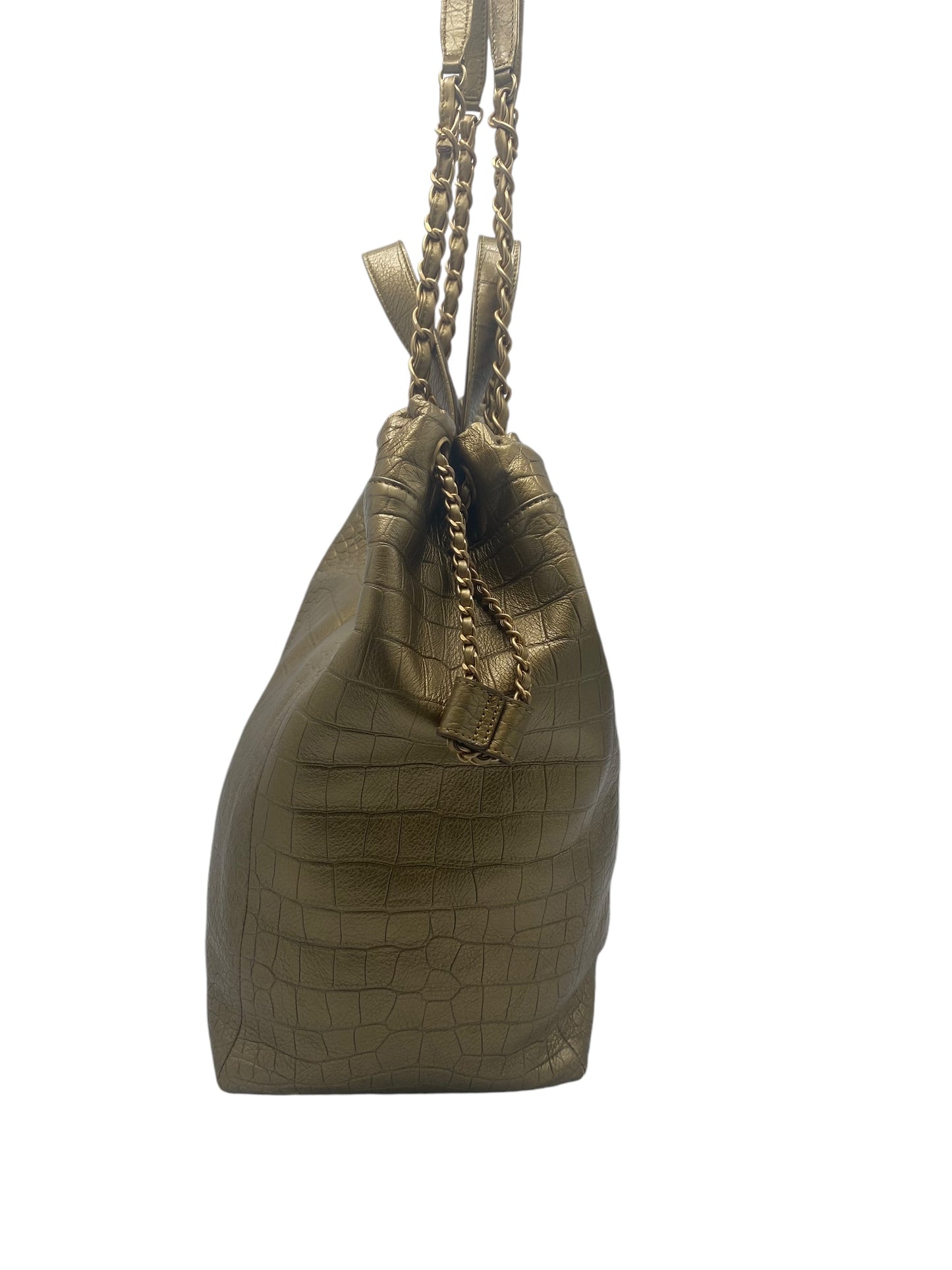 Chanel 19A Paris-New York Egyptian Limited Edition Croc Embossed Gold Leather Shopping Tote