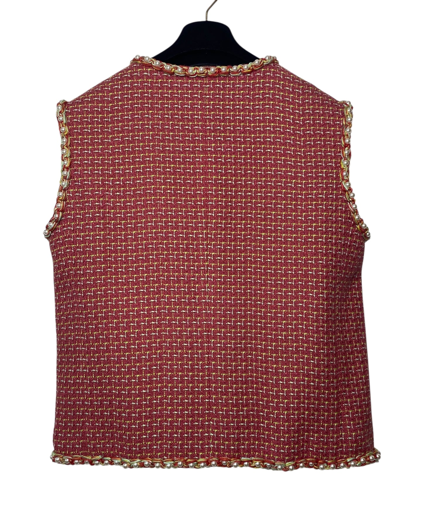 Chanel 17S Red Multicolor Pearl Trim Tweed Waistcoat Vest FR 40