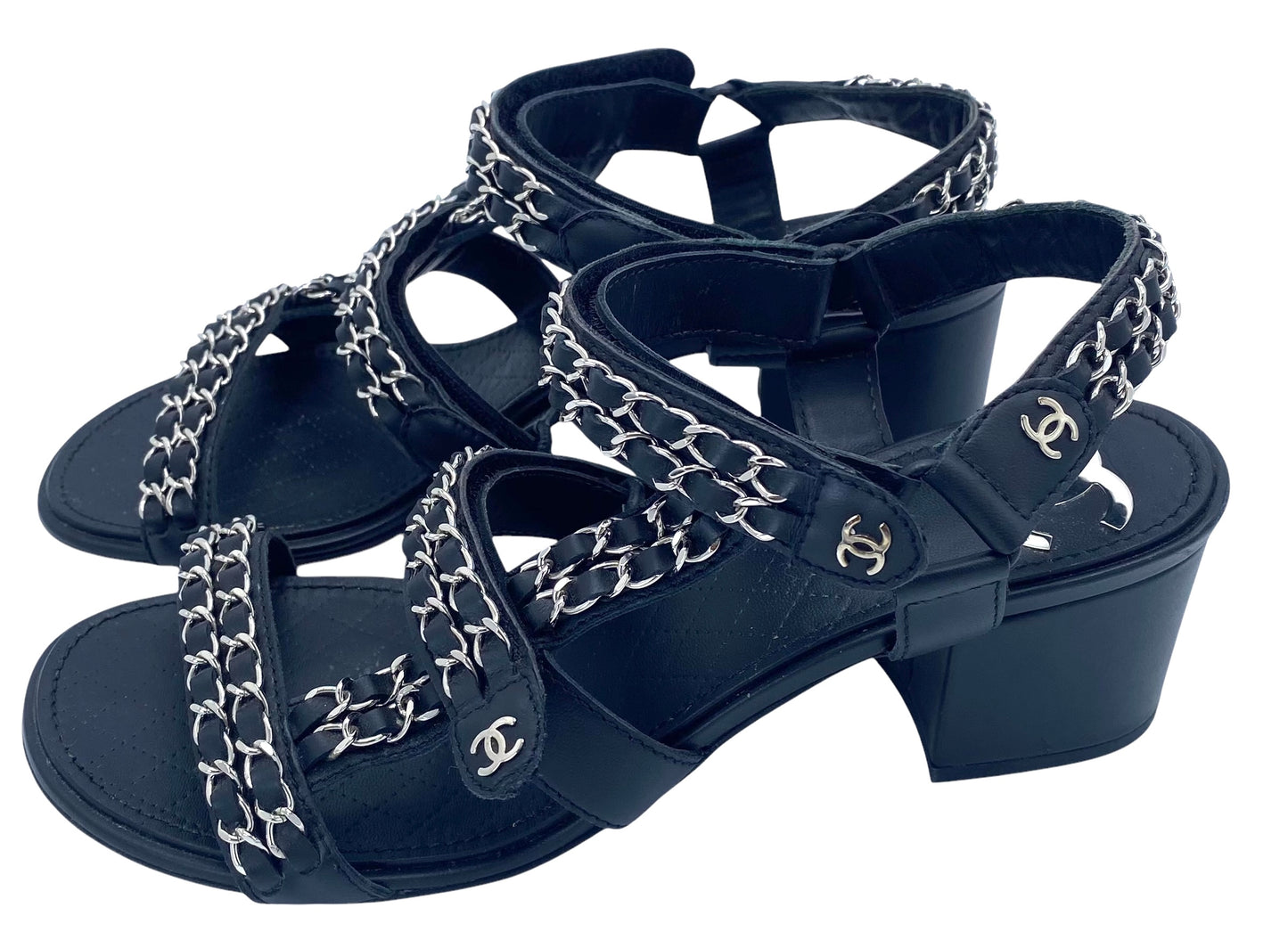 Chanel 2019 Black Leather Chain Link CC SlingBack Sandal Heels EU 40