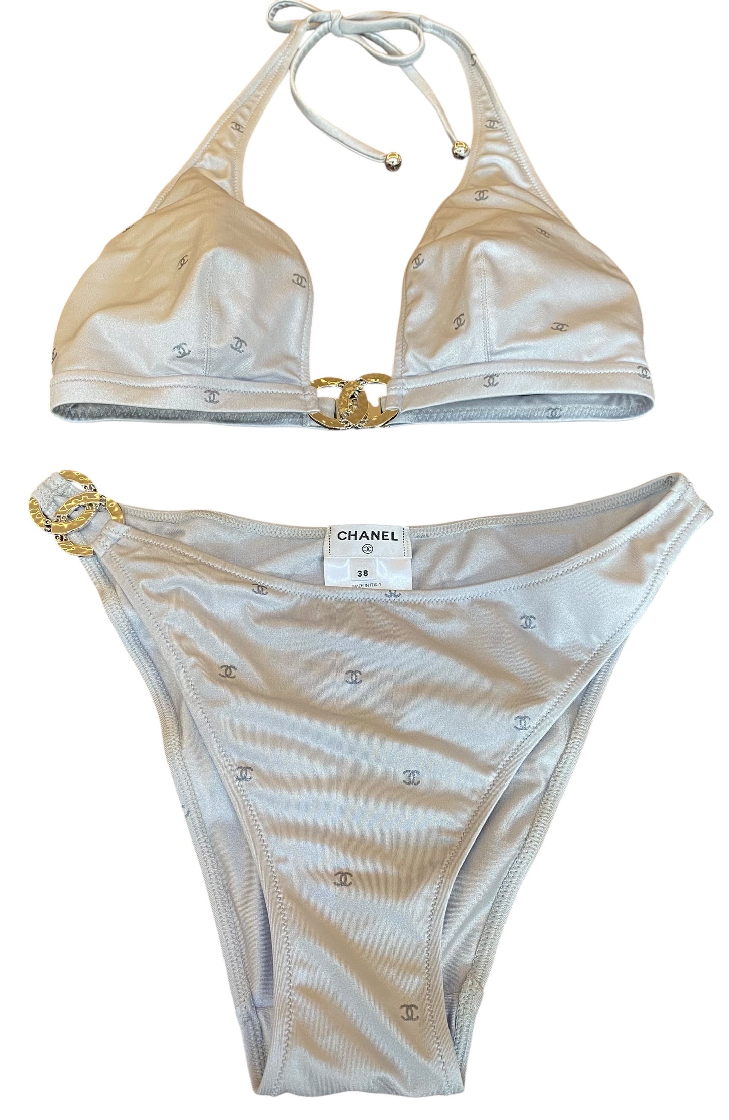 Chanel 2024 Coco Beach Silver CC Logo Bikini Two Piece Swim Suit FR 38