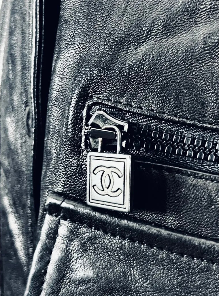 Chanel 07A Runway Black Lambskin Leather Utility Jacket Coat FR 40