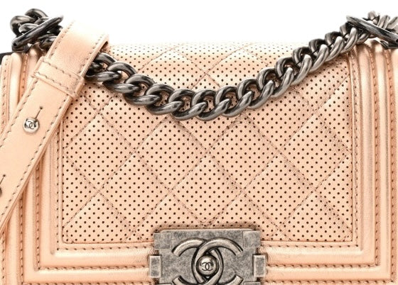 Chanel 15C Paris Dubai Rose Gold Metallic Calfskin Perforated Small Boy Flap Bag