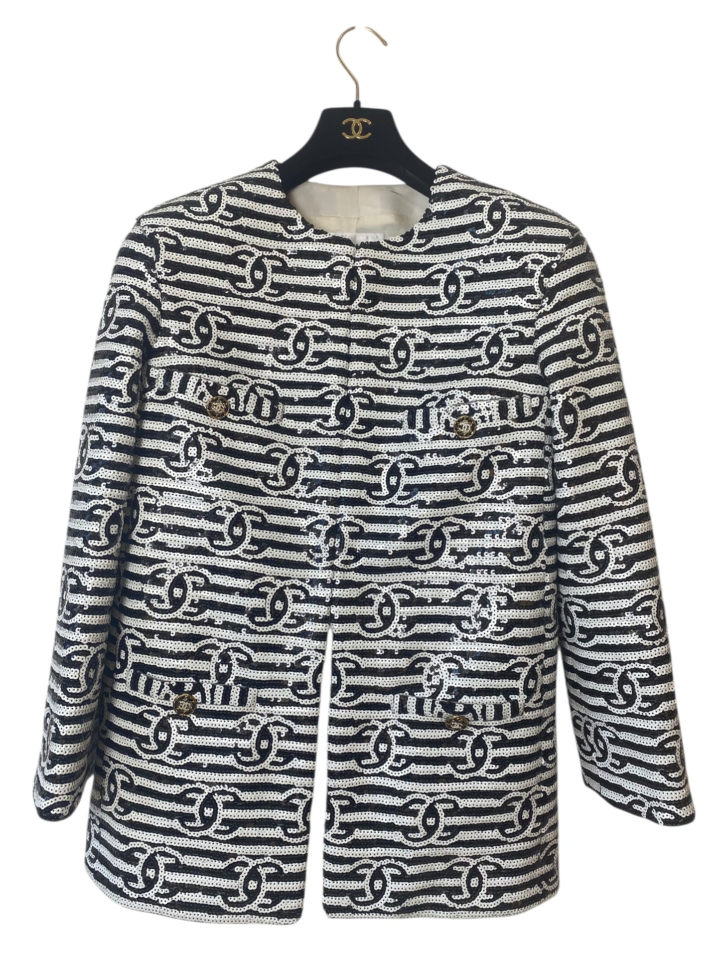 Chanel 22S Runway Sequin CC Logo Black and White Jacket FR 40