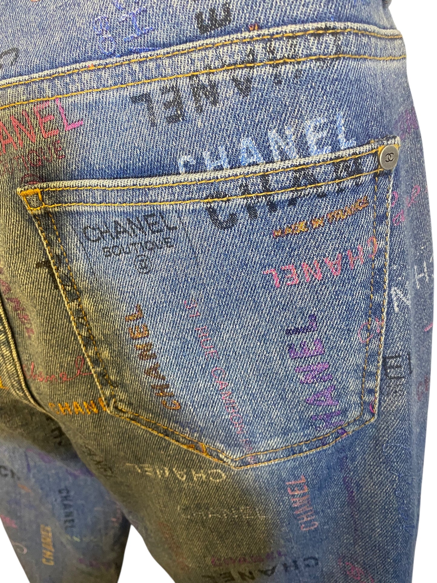 CHANEL 22P Blue & Multicolor Printed Stretch Denim Jeans FR 40