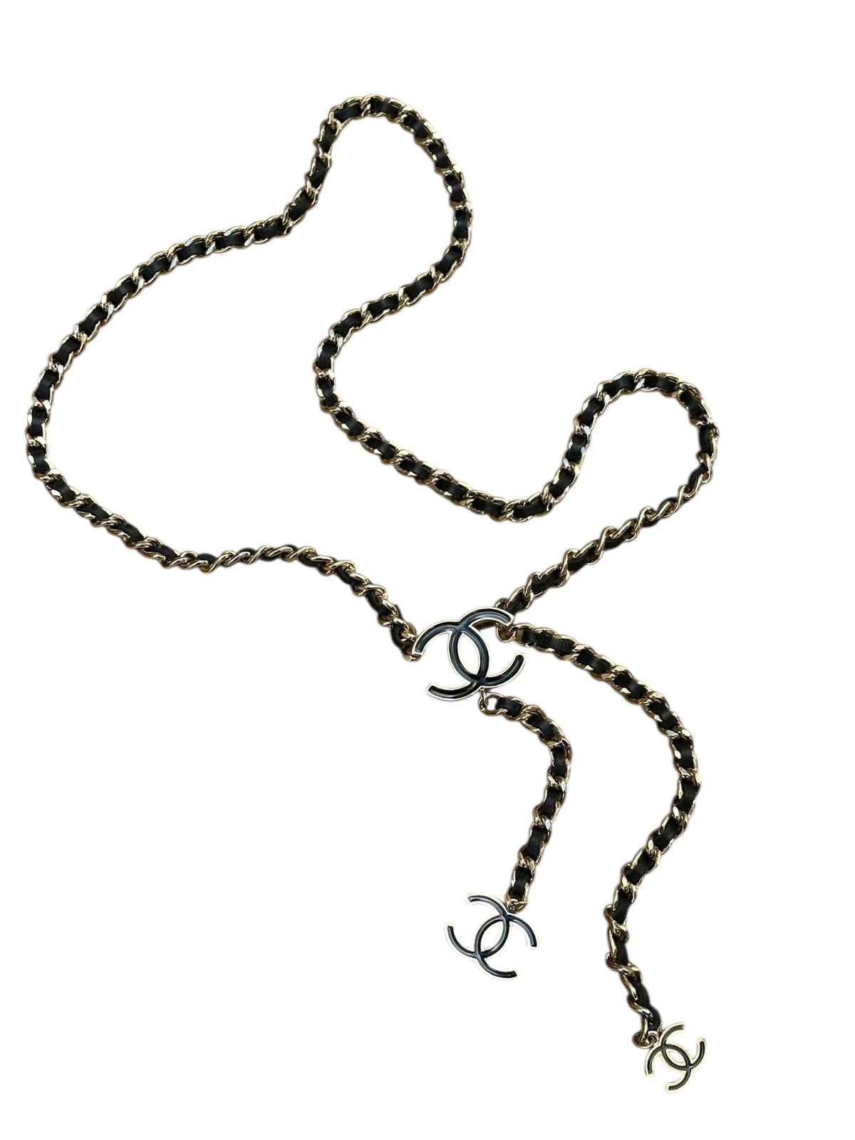Chanel 2014 Black Leather CC Charm Gold Tone Chain Belt/Necklace