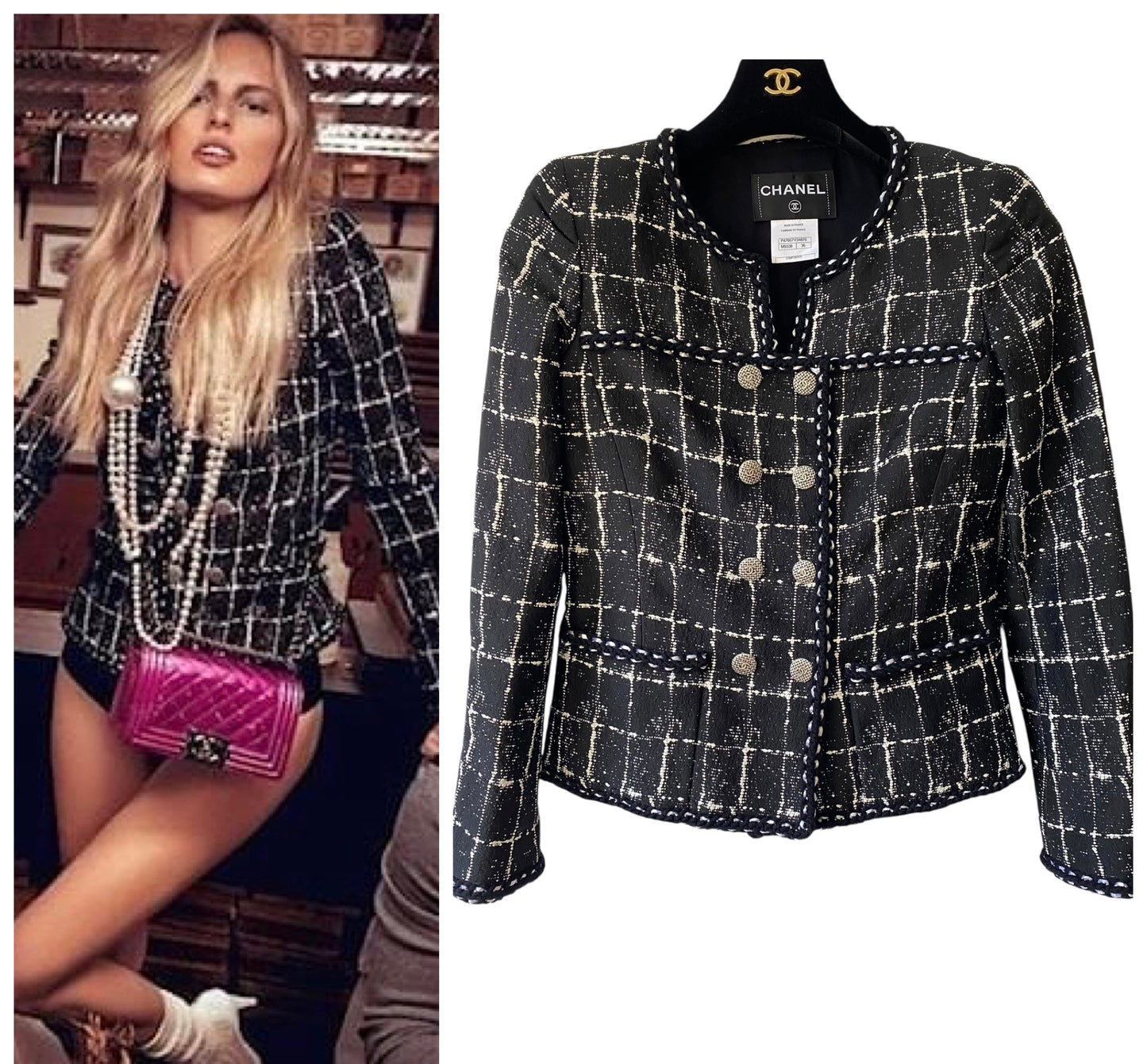 Chanel 14P Black White Grid Tweed Braided Trim Double Breasted Collarless Jacket FR 36