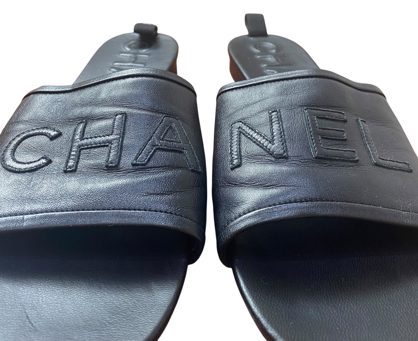 Chanel 2019 Black Leather Letters Logo Flat Slides EU 39.5