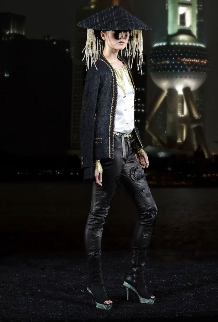 CHANEL 10A PARIS-SHANGHAI BLACK TWEED BRAIDED TRIM JACKET FR 34