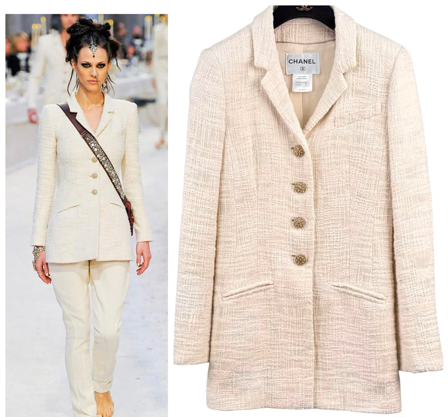Chanel 12A Paris-Bombay Runway Ivory Ecru Cotton Blazer Long Jacket FR 38