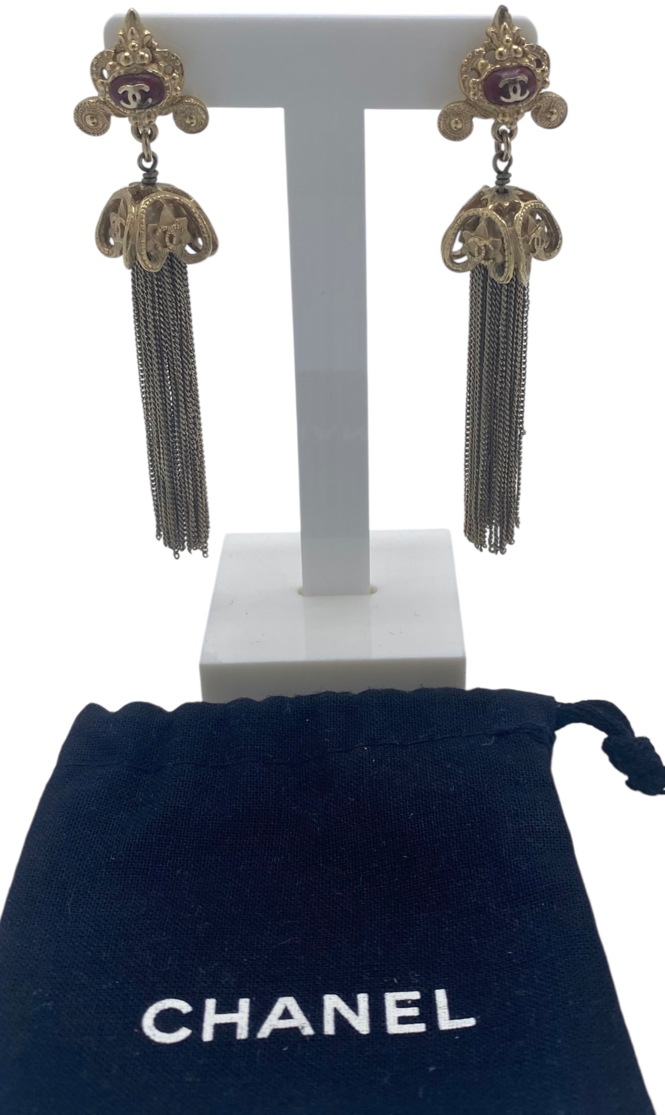 RARE Chanel 10A Paris Shanghai Gold-Tone Red Enamel Long Chain Tassel Drop Earrings