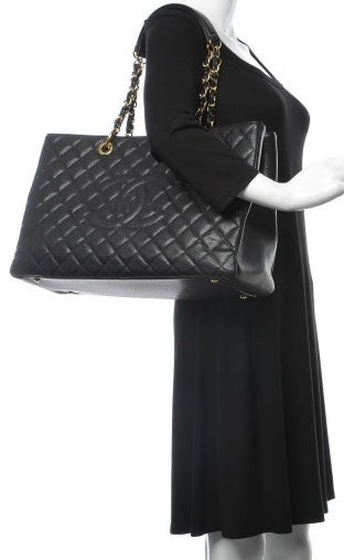 Chanel Black Caviar Quilted XL Grand Shopping Tote GST Gold Hardware