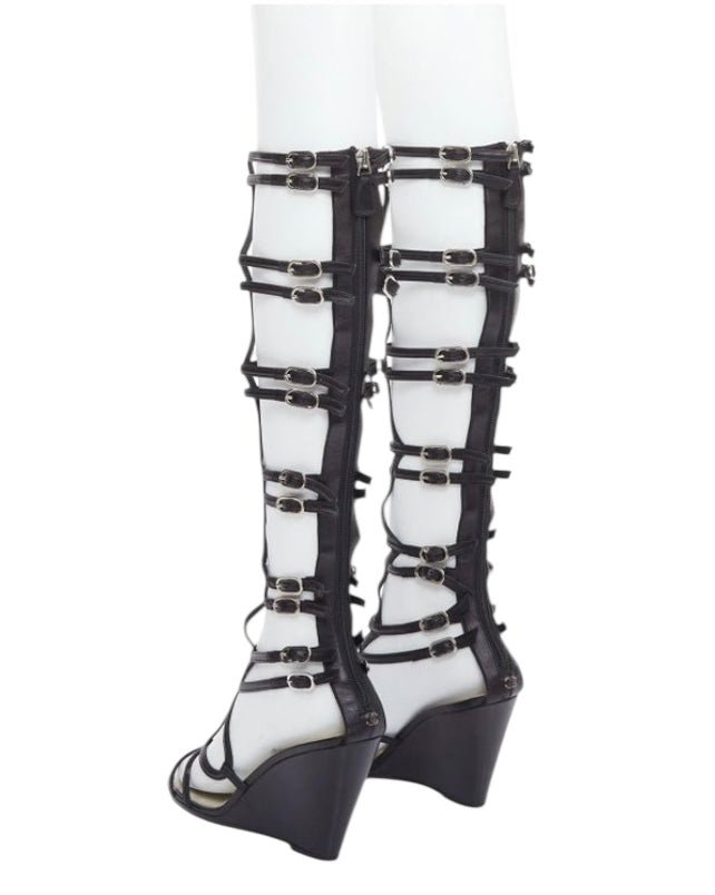 Chanel 2010 Black Leather Interlocking CC Gladiator Wedge Sandals EU 39