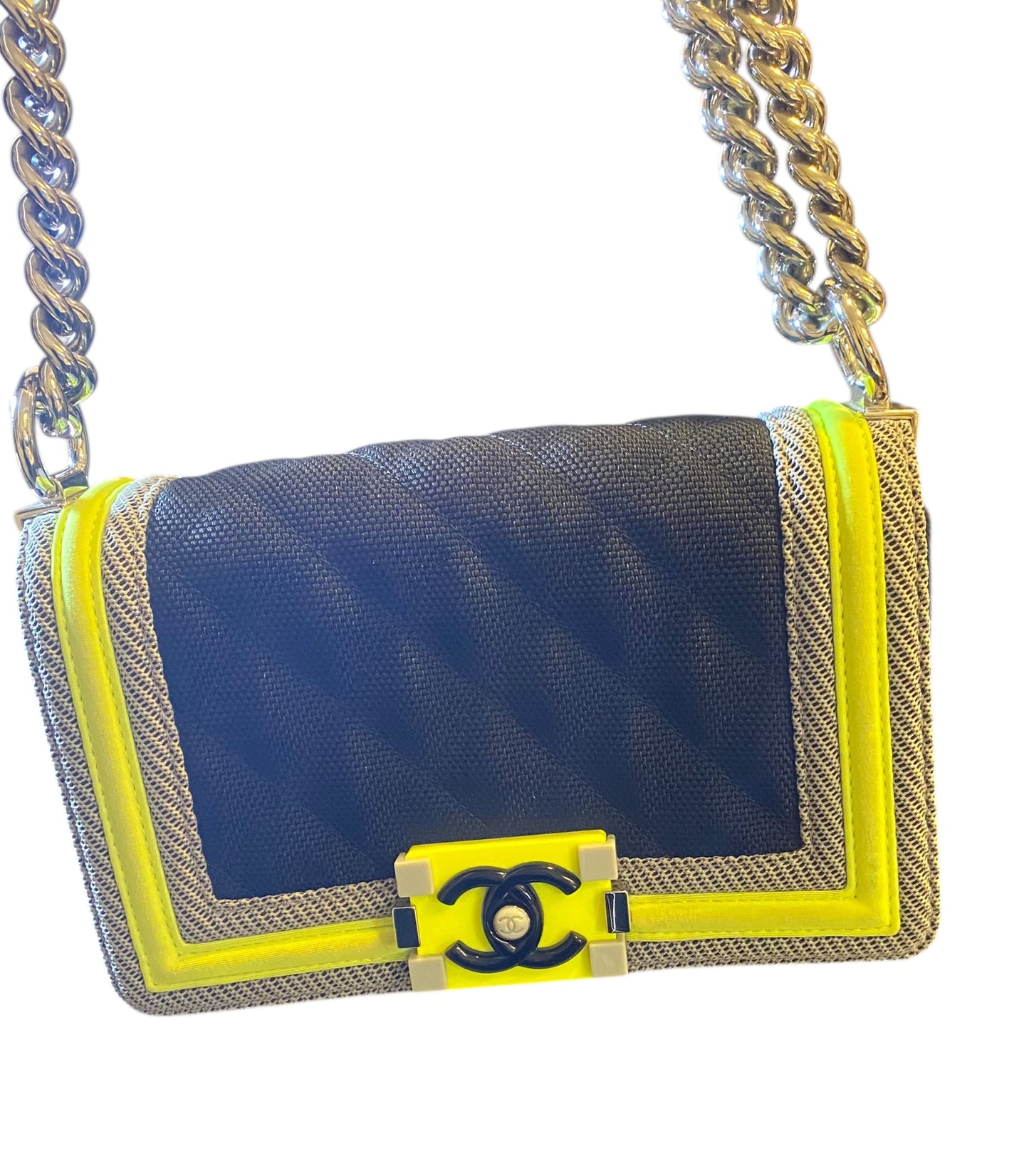 Chanel 2016 Small Canvas Quilted Neon Yellow Black Fluo Boy Flap