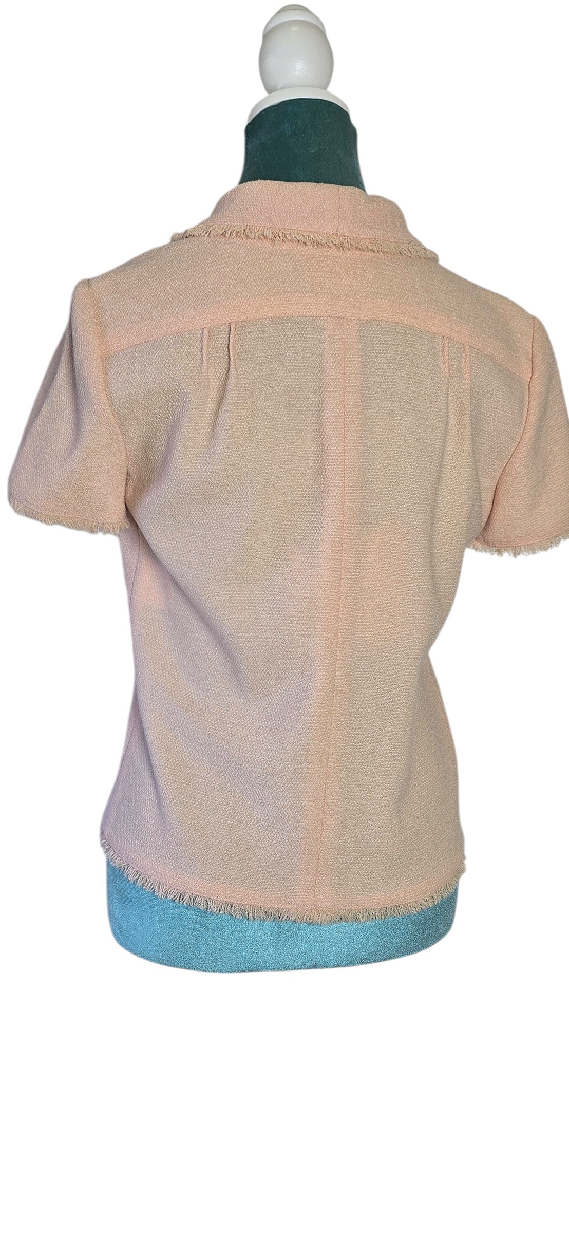 Chanel 2008 Runway Coco Line Pink Wool Boucle Short Sleeve Top Blouse Jacket FR 36
