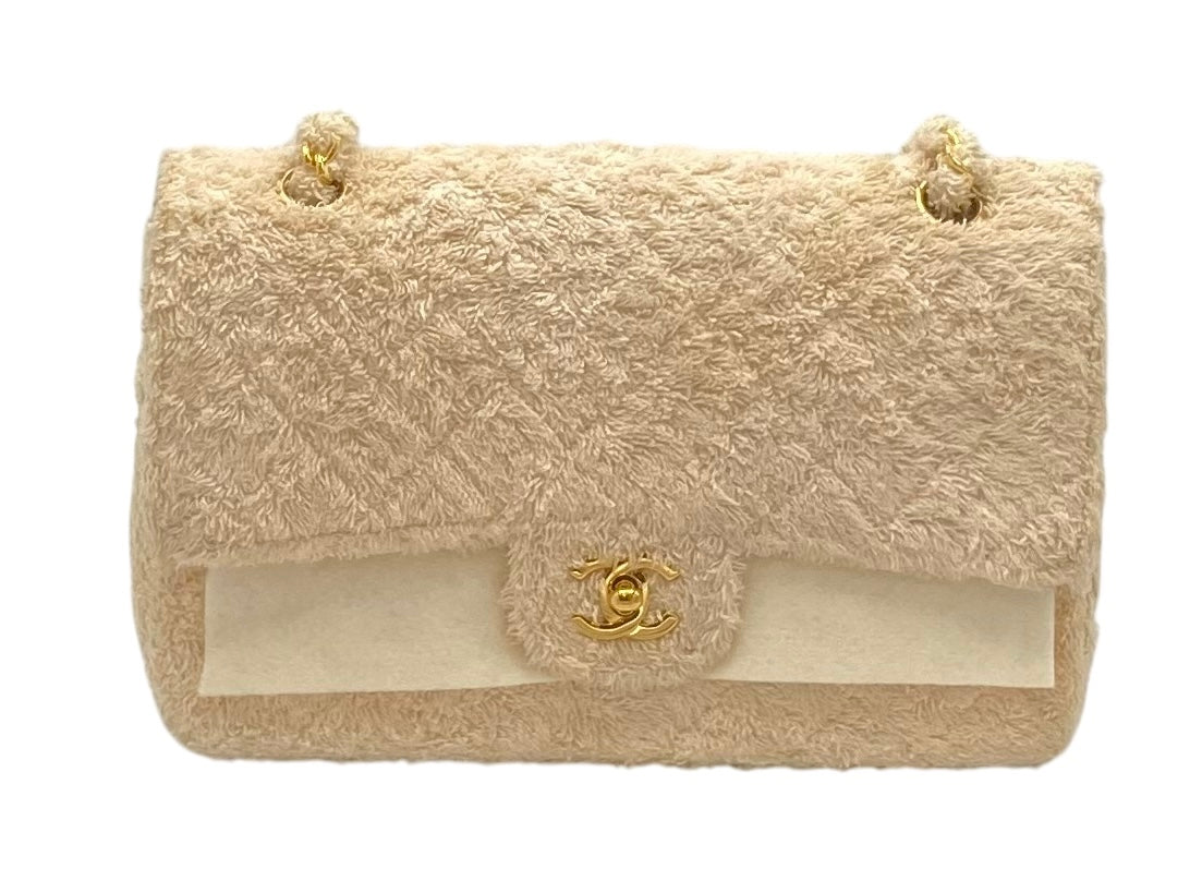 Rare Chanel 90’s Vintage Ecru Terry Cloth Medium Classic Flap Bag