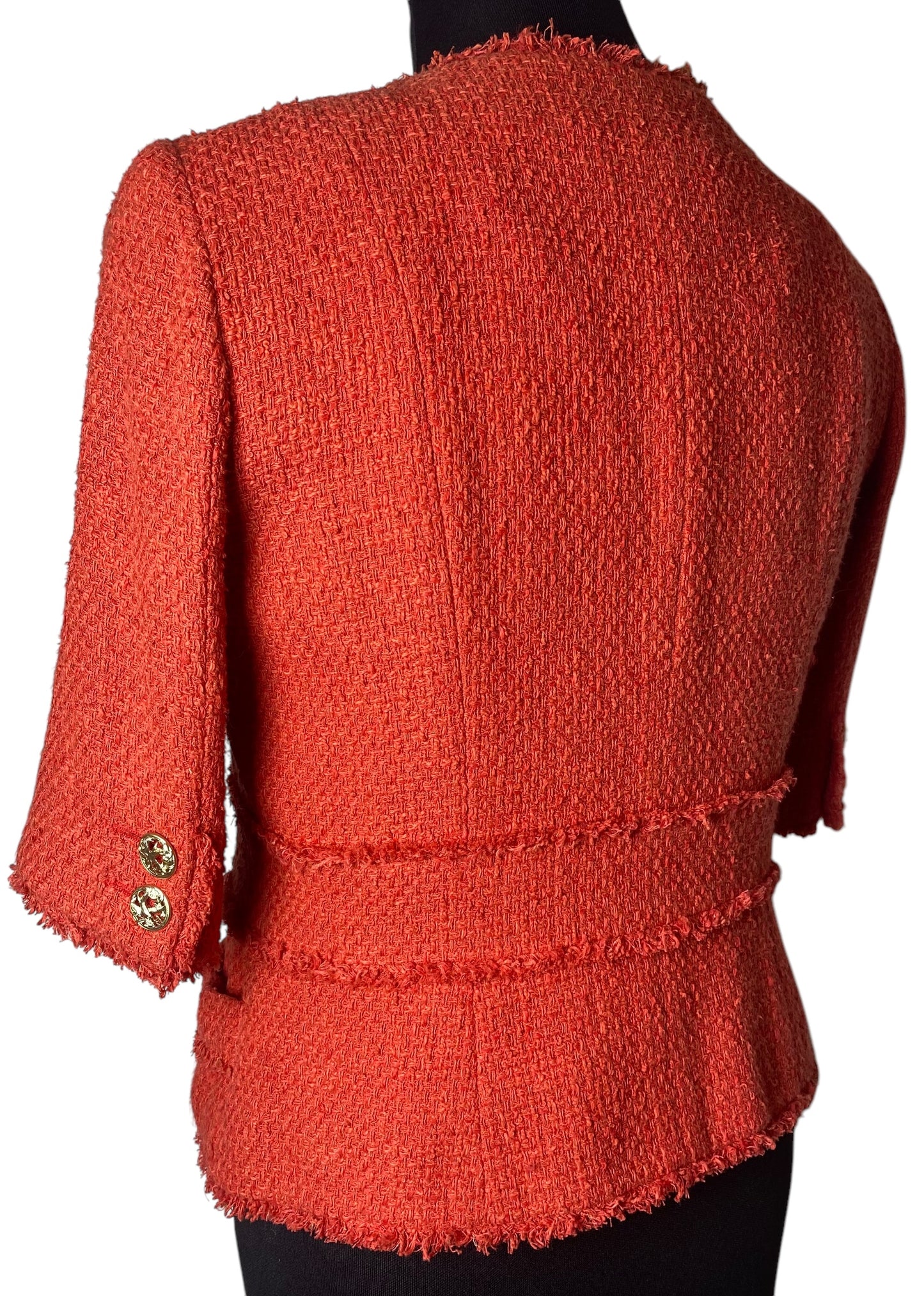 Chanel 10P Runway Red Boucle Tweed Fringe Jacket FR 44