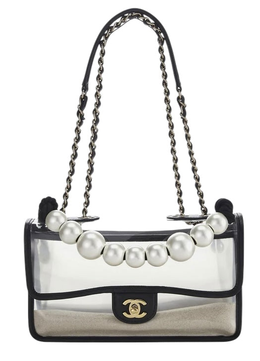 Chanel 19S Runway Medium Black Lambskin PVC Sand By The Sea Pearl Strap Flap Bag