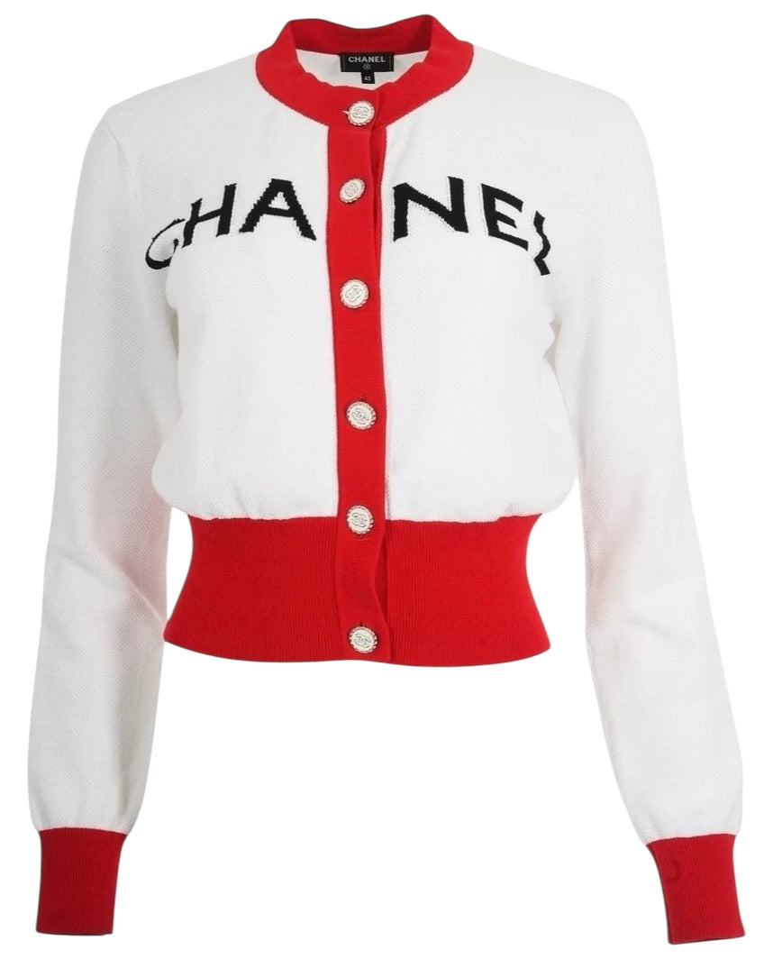 Chanel 19S Iconic White Red Cropped Cardigan Sweater FR 38