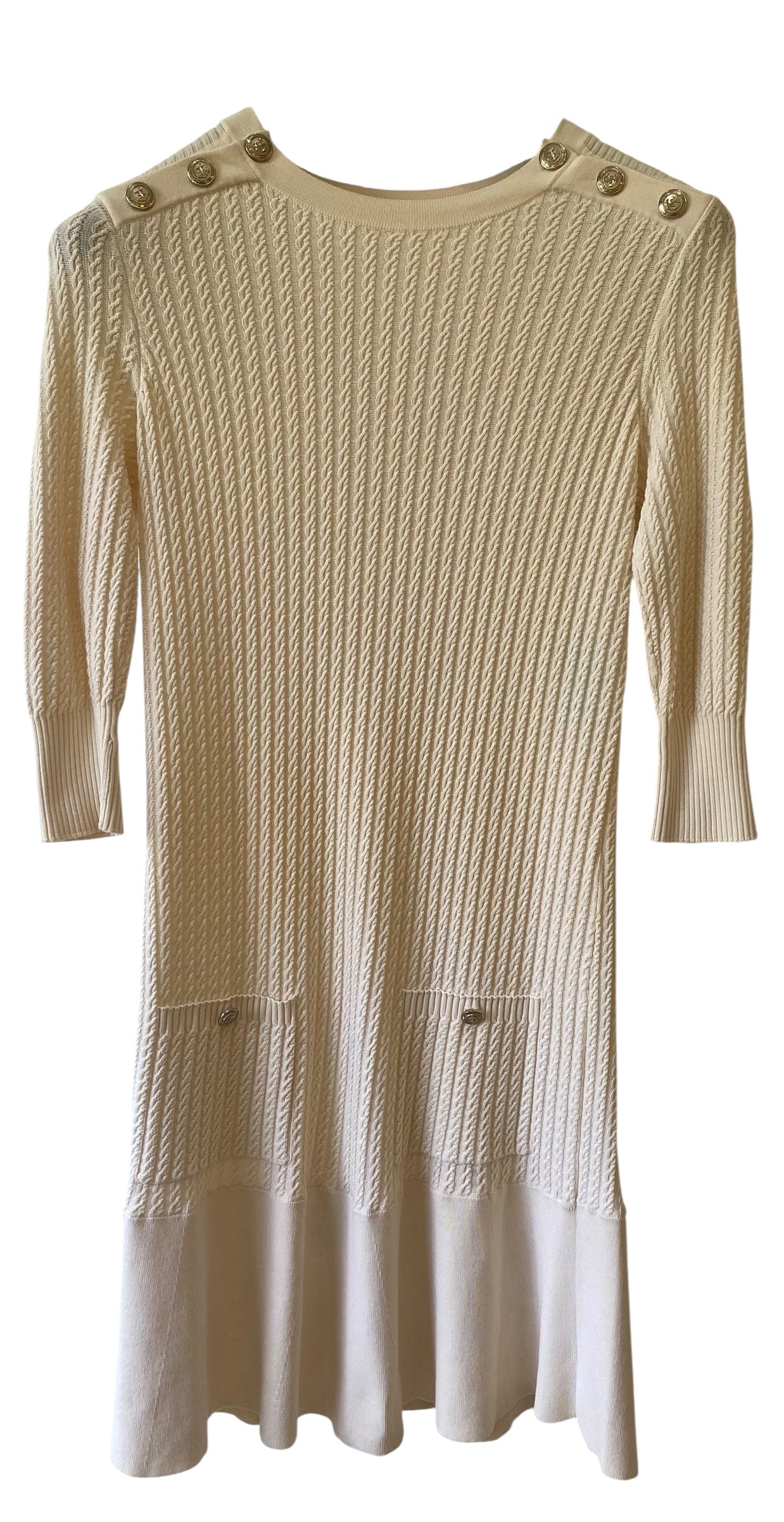 CHANEL 18A HAMBURG CREAM KNIT ANCHOR CC BUTTONS Mini DRESS FR 38