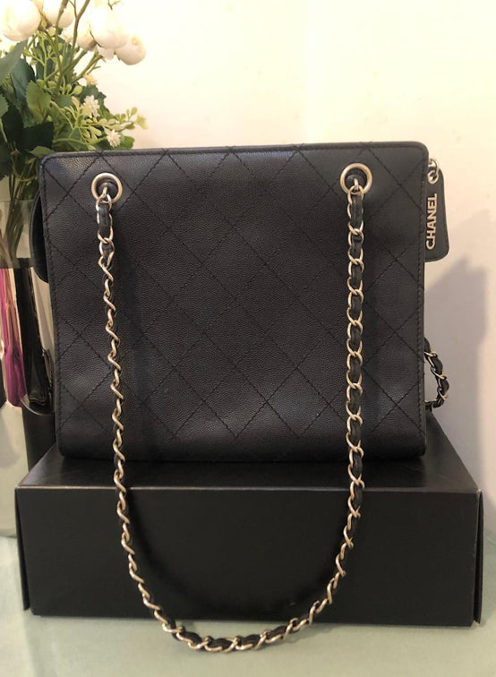 Chanel Vintage 1998 Black Caviar Leather Medium Tote with Silver Hardware