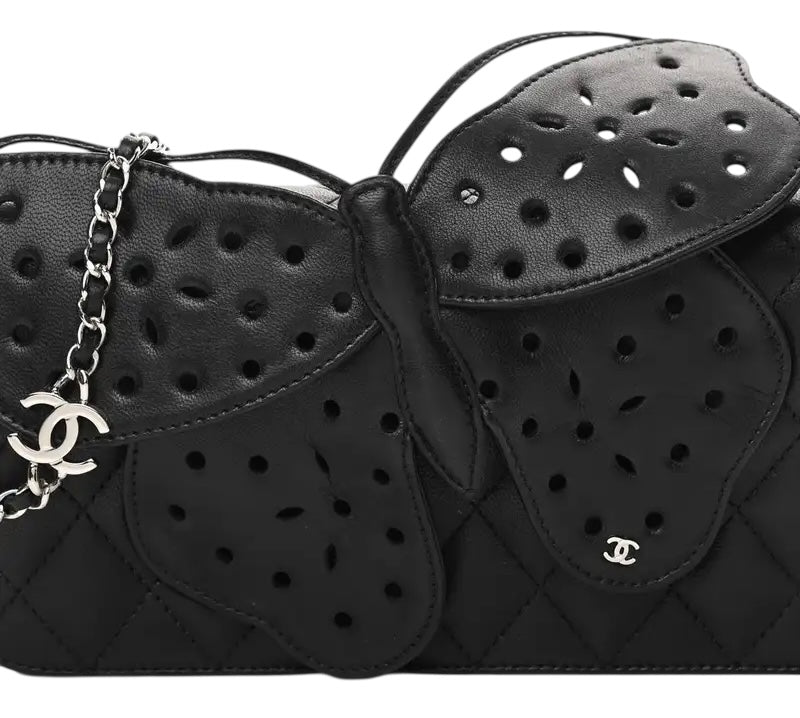 Rare Chanel 2011 Lambskin Black Butterfly Ornament Clutch Crossbody Flap Bag