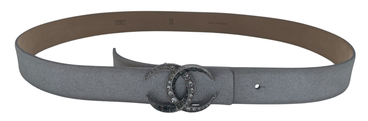 Chanel 15C Dubai Metallic Silver Calfskin Baguette Crystal CC Belt Size 85/34