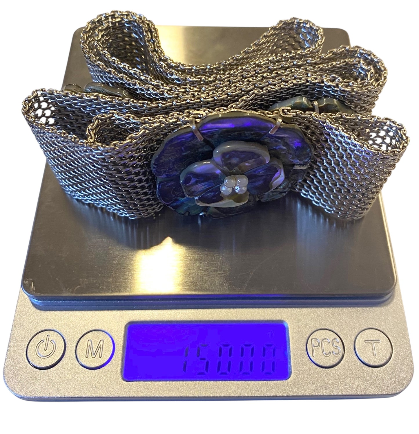 Chanel 98A Mother Of Pearl MOP 3 Camellia Silver Plated Metal Chain Belt