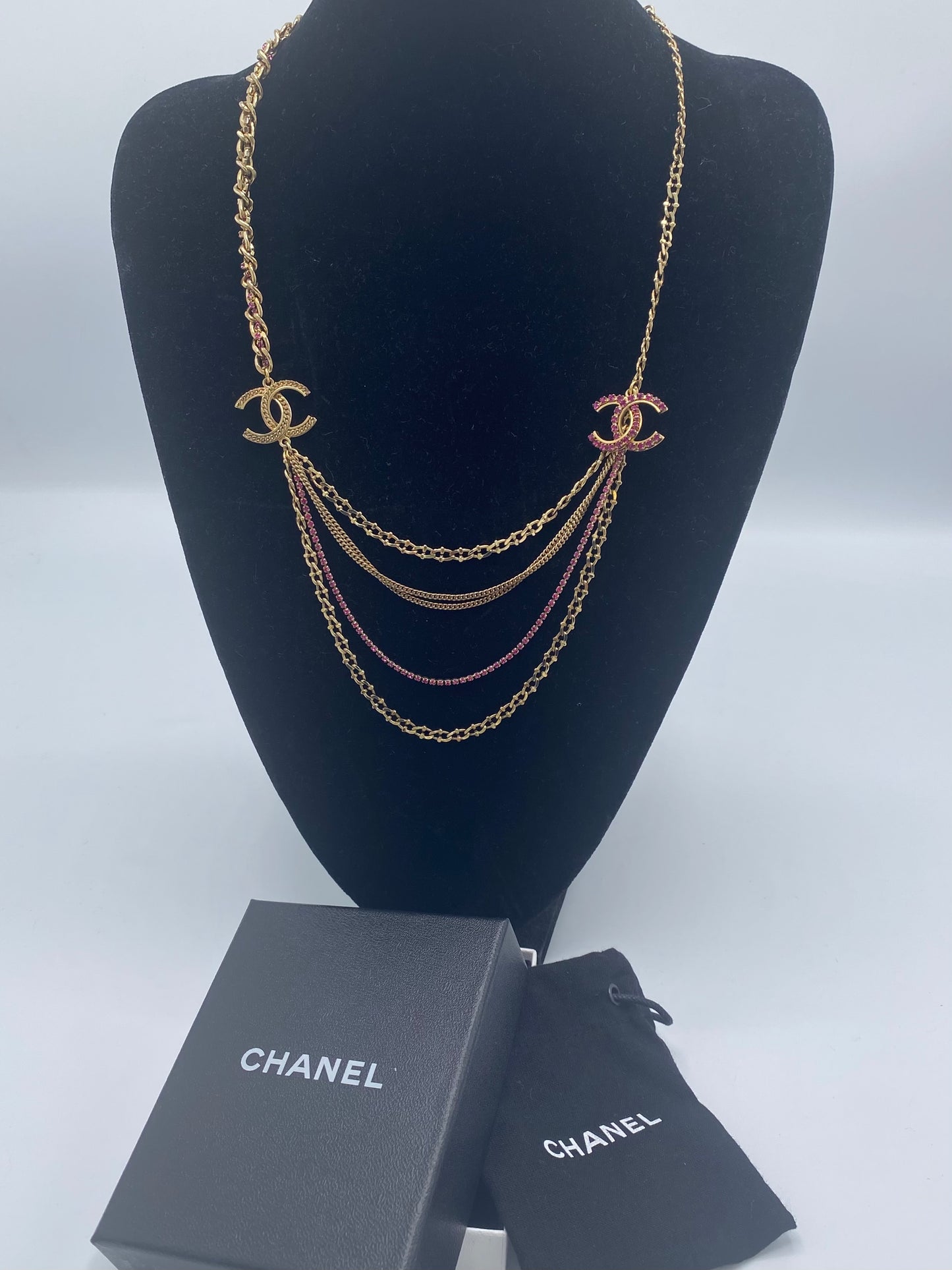 Chanel 12P Multi Strand Pink Swarovski Crystal Gold CC Necklace