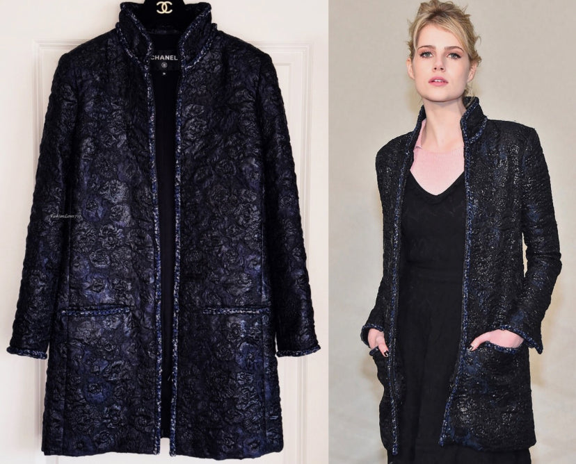 Chanel 16A Paris Rome Black Navy Metallic Camellia Jacquard Braid Long Coat Jacket FR 38