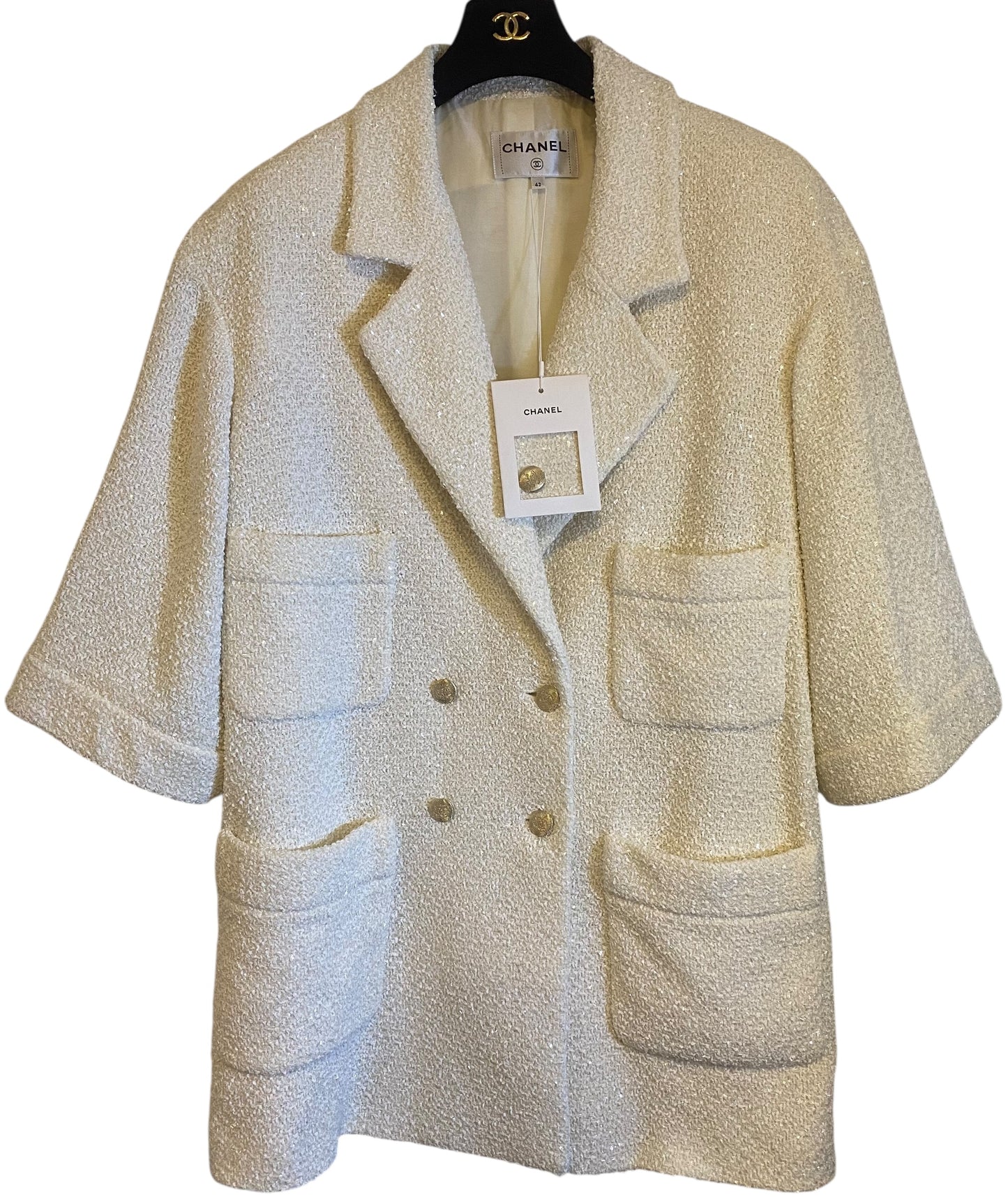 Chanel NWT 22S Runway Ecru Tweed Boucle Coat Jacket FR 42