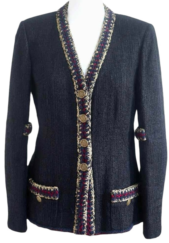 CHANEL 10A PARIS-SHANGHAI BLACK TWEED BRAIDED TRIM JACKET FR 34