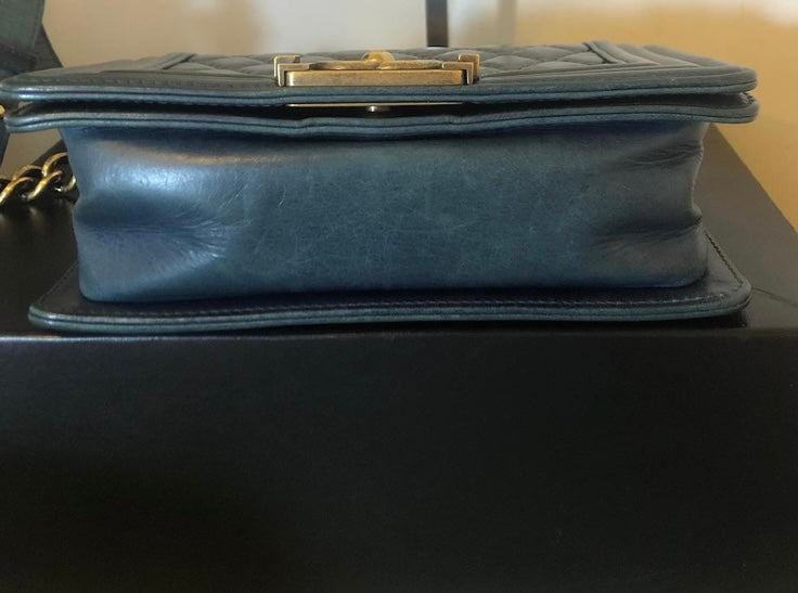 Chanel Blue Quilted Glazed Aged Calfskin Small Boy Bag Antique Gold Hardware
