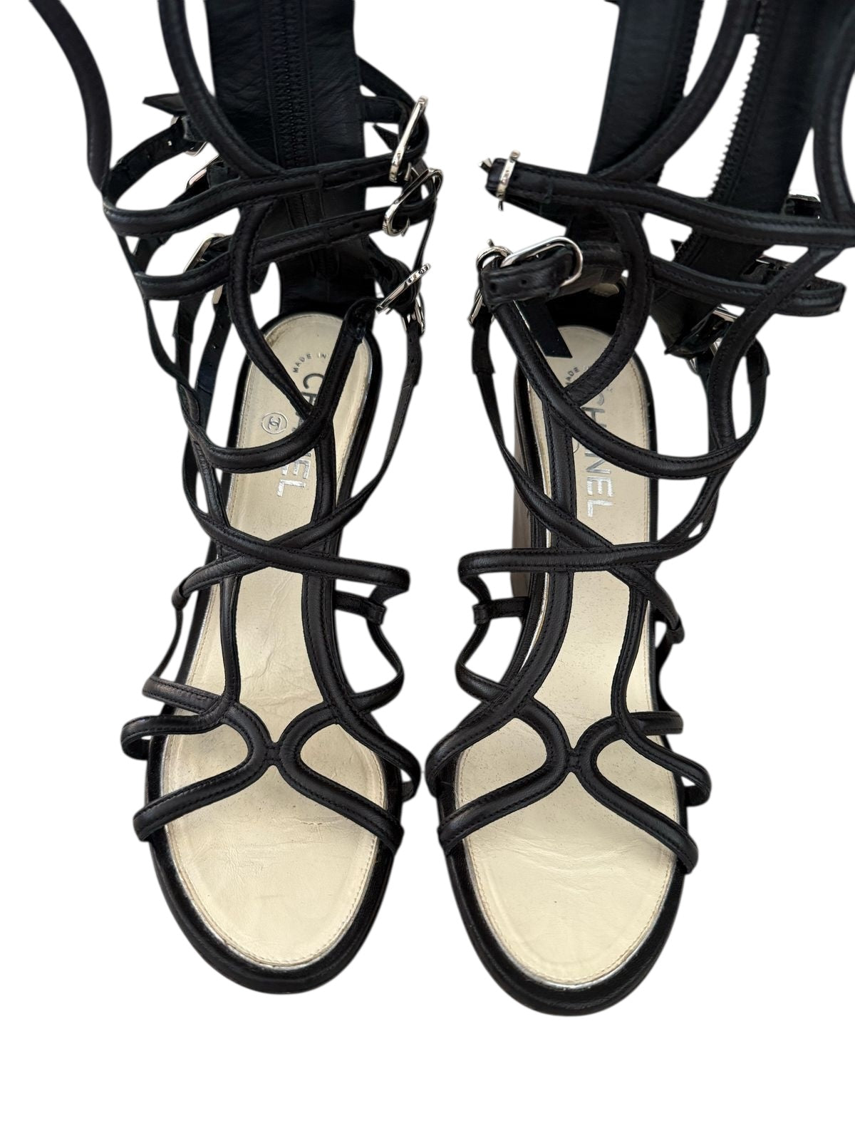 Chanel 2010 Black Leather Interlocking CC Gladiator Wedge Sandals EU 39