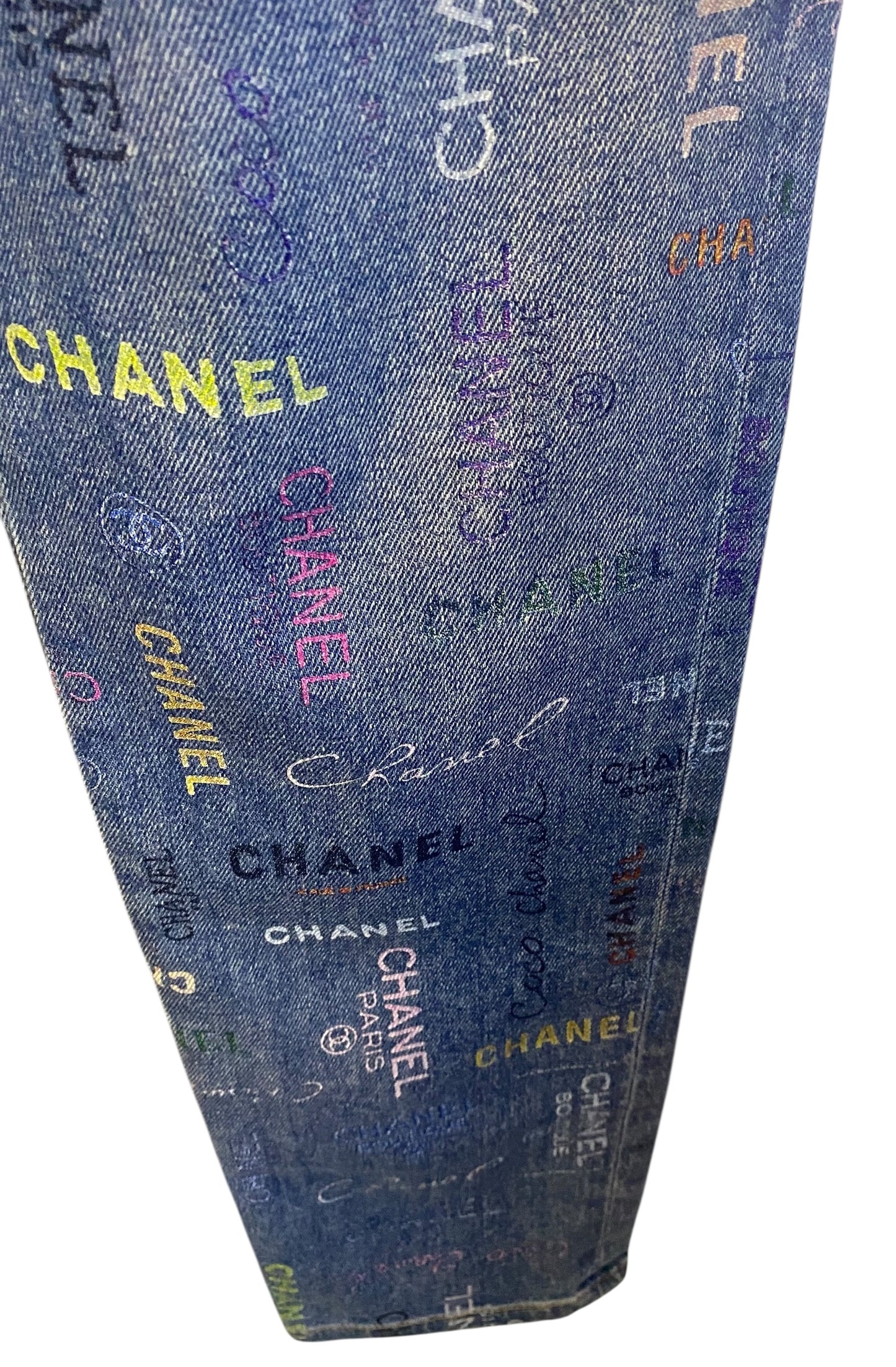 CHANEL 22P Blue & Multicolor Printed Stretch Denim Jeans FR 40