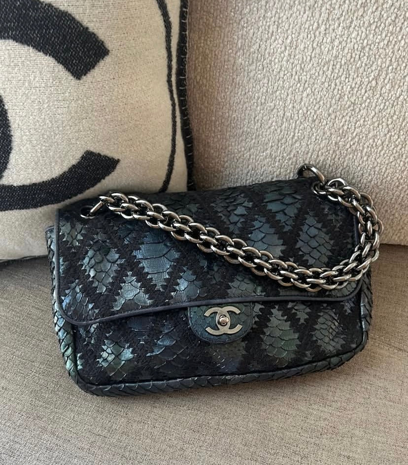 Chanel Metallic Blue & Green Python and Crochet Flap Bag