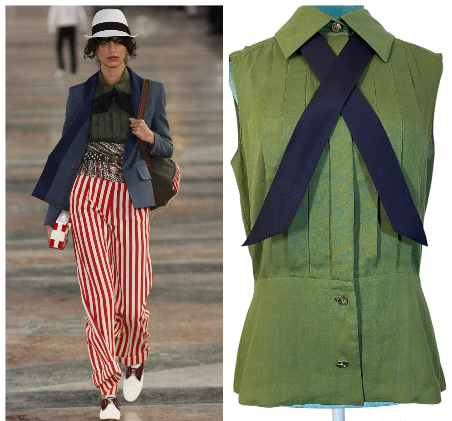 CHANEL 17C RUNWAY PLEATED GREEN LINEN SLEEVELESS BOW BLOUSE TOP FR 40