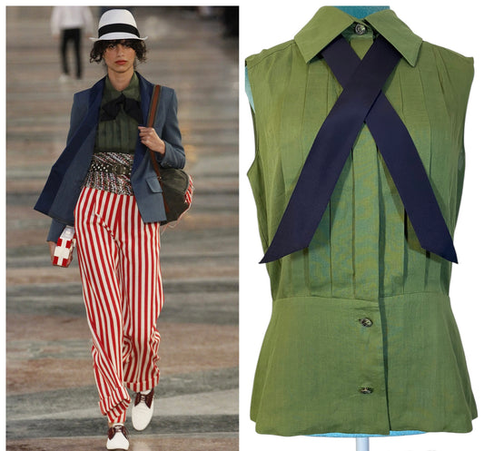 CHANEL 17C RUNWAY PLEATED GREEN LINEN SLEEVELESS BOW BLOUSE TOP FR 40