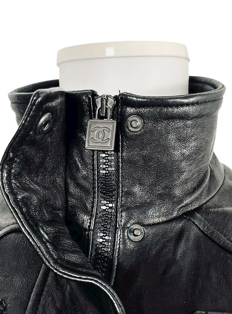 Chanel 07A Runway Black Lambskin Leather Utility Jacket Coat FR 40