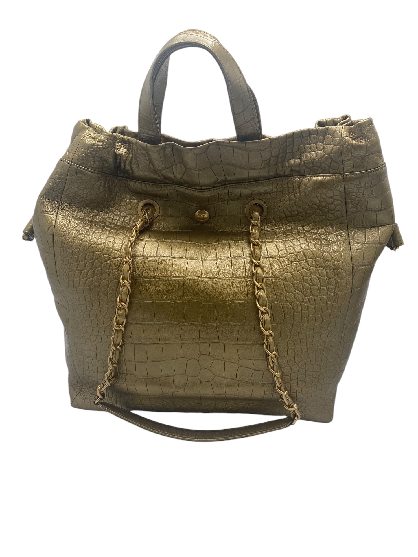 Chanel 19A Paris-New York Egyptian Limited Edition Croc Embossed Gold Leather Shopping Tote