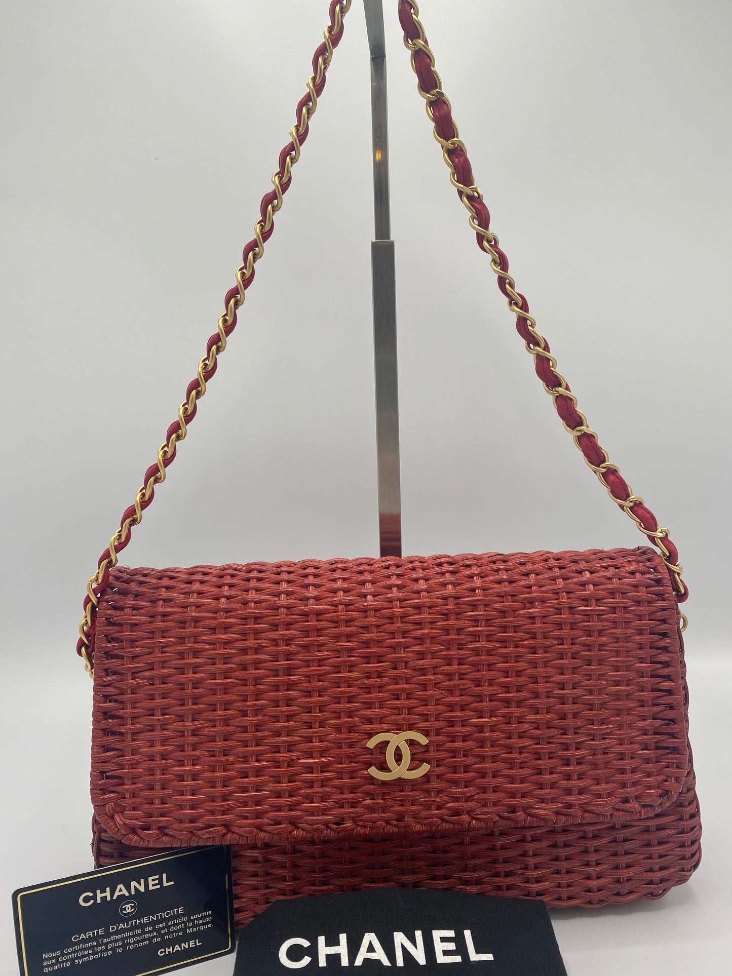 Chanel Extremely Rare 2001 Spring Red Wicker Basket Classic Flap Handbag with Matte Gold Hardware