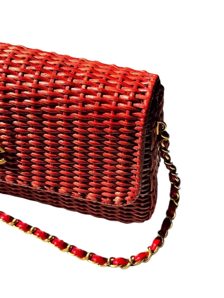 Chanel Extremely Rare 2001 Spring Red Wicker Basket Classic Flap Handbag with Matte Gold Hardware