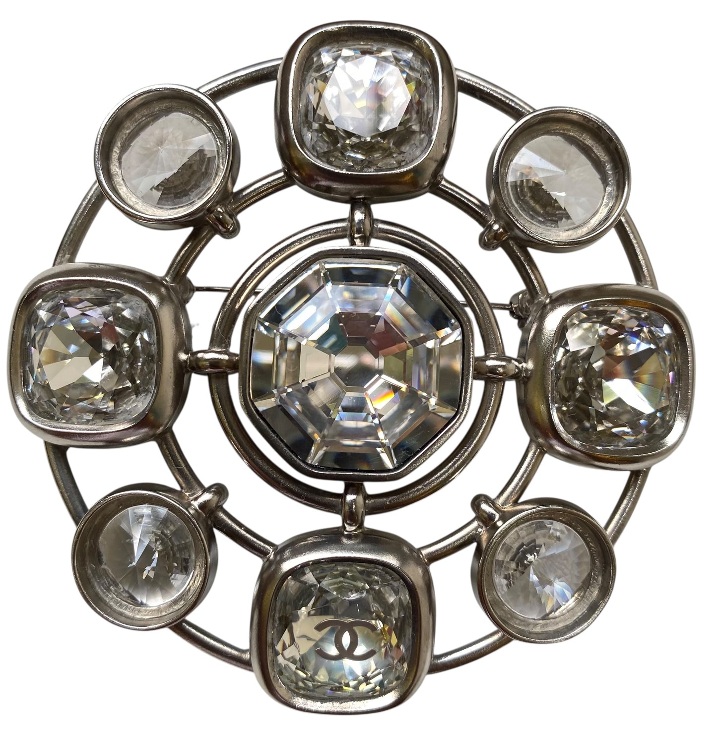 Chanel 17A Runway XL Round Swarovski Crystal Silver Brooch