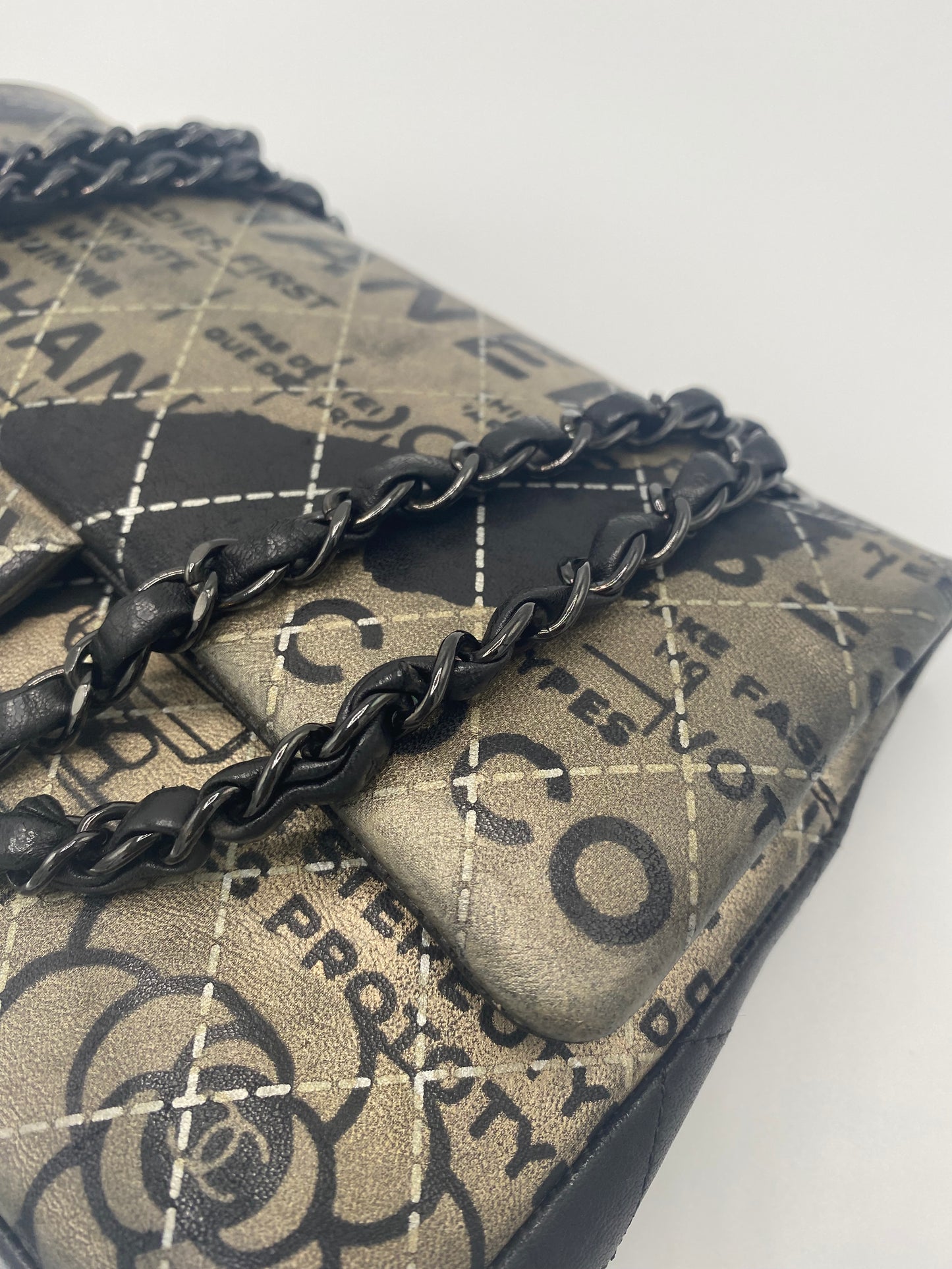 CHANEL 2015 GRAFFITI NEWSPAPER MEDIUM CLASSIC DOUBLE FLAP BAG SO BLACK