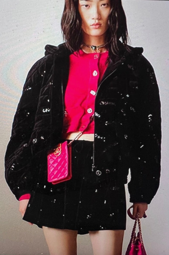 CHANEL 22B COCO NEIGE VELVET BLACK SEQUIN CC BOW SKIRT FR 38