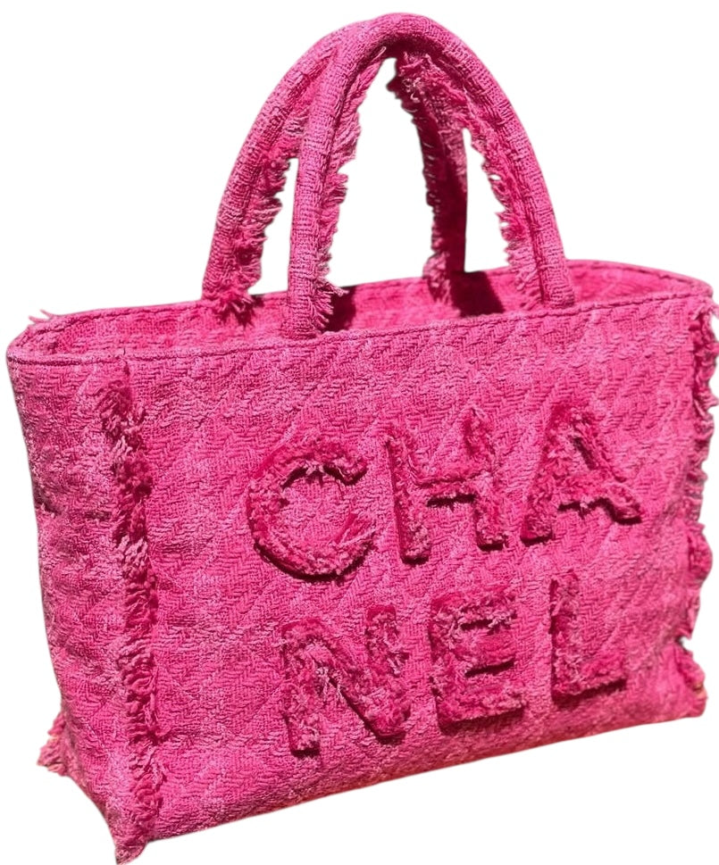 Chanel 19K Giant Large Logo Pink Fuscia Wool Tweed Shopping Bag GHW