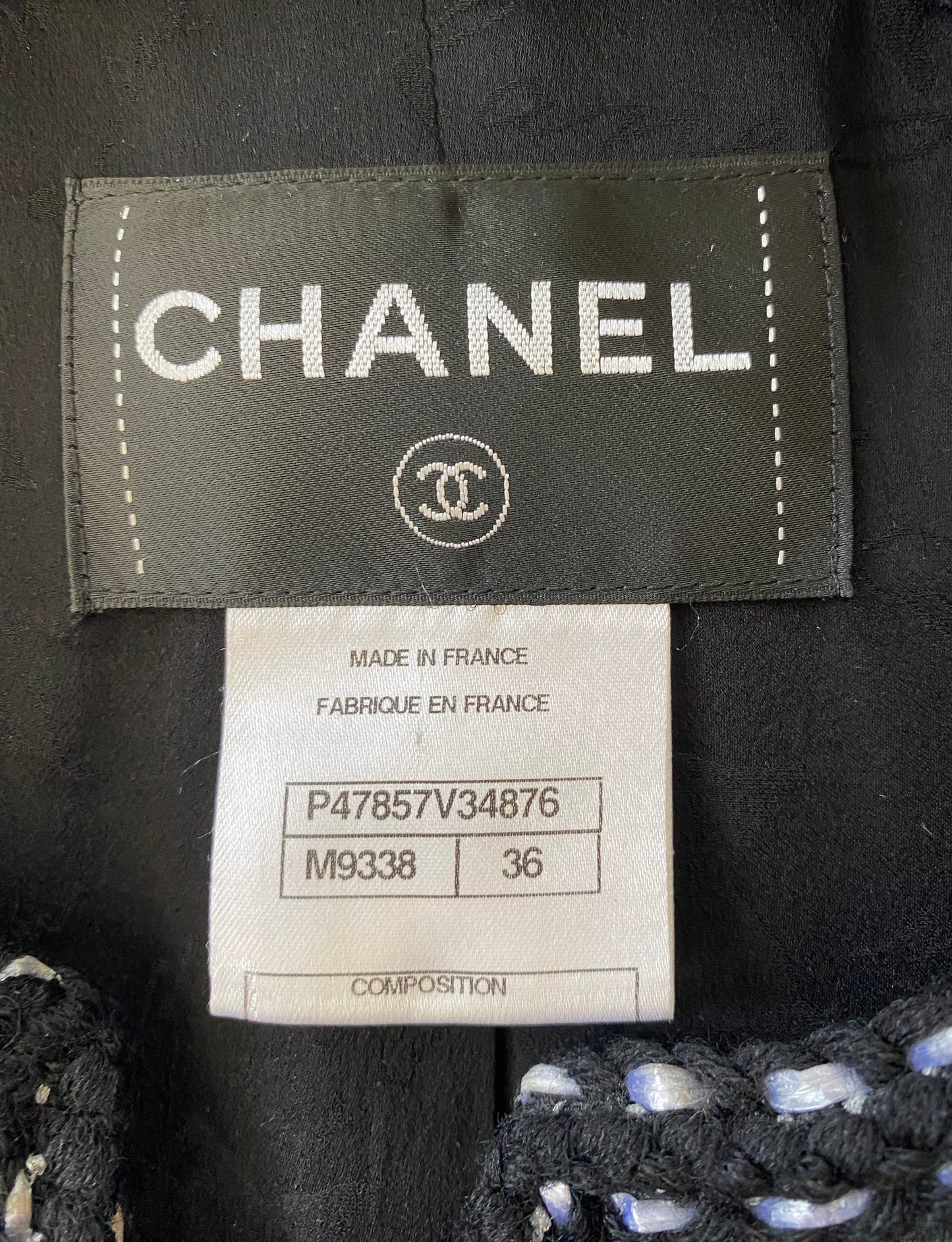 Chanel 14P Black White Grid Tweed Braided Trim Double Breasted Collarless Jacket FR 36